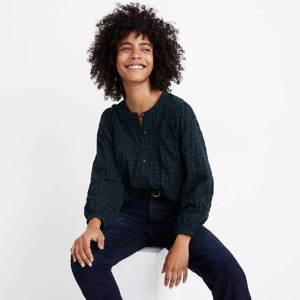 Madewell Plaid Balloon-Sleeve Peasant Top - Picture 9 of 11